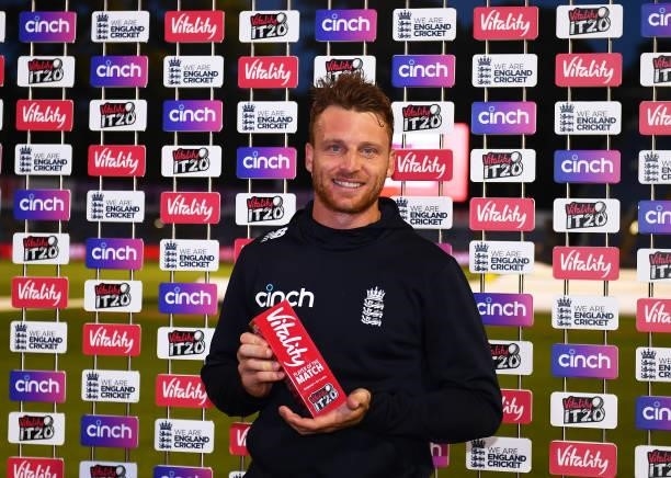 Jos Buttler of England poses after being named Player of the Match following the T20 International Series First T20I match between England and Sri...