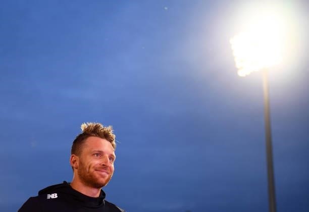Jos Buttler of England looks on as they are interviewed following the T20 International Series First T20I match between England and Sri Lanka at...