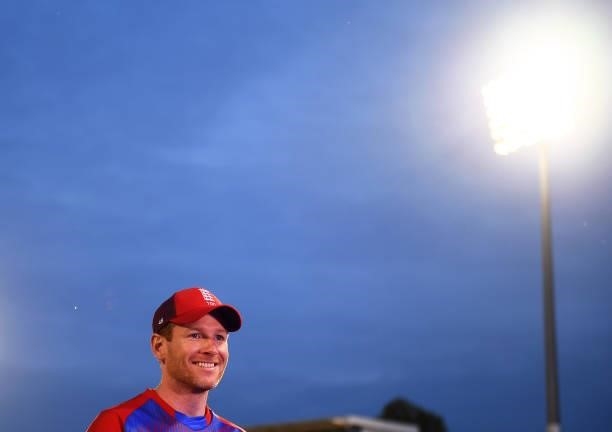 Eoin Morgan of England looks on as they are interviewed following the T20 International Series First T20I match between England and Sri Lanka at...