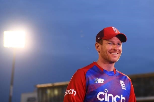 Eoin Morgan of England looks on as they are interviewed following the T20 International Series First T20I match between England and Sri Lanka at...
