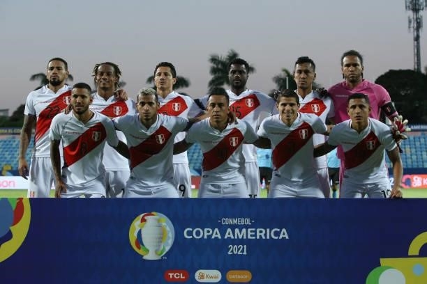 Players of Peru pose for the team photo prior to a Group B match between Ecuador and Peru as part of Copa America Brazil 2021 at Estadio Olimpico on...