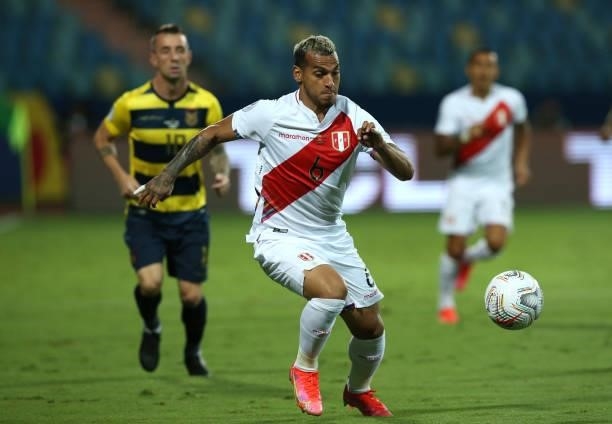 Miguel Trauco of Peru controls the ball during a Group B match between Ecuador and Peru as part of Copa America Brazil 2021 at Estadio Olimpico on...