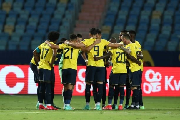Players of Ecuador huddle prior to a Group B match between Ecuador and Peru as part of Copa America Brazil 2021 at Estadio Olimpico on June 23, 2021...