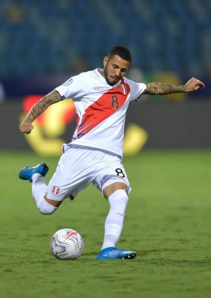 Sergio Peña of Peru kicks the ball during a Group B match between Ecuador and Peru as part of Copa America Brazil 2021 at Estadio Olimpico on June...