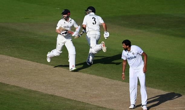 Ross Taylor and Kane Williamson of New Zealand scores runs from the bowling of Ishant Sharma of India during Day 6 of the ICC World Test Championship...