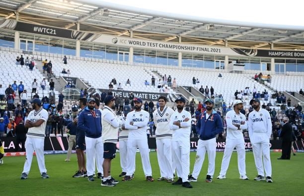 The Indian team watch the presentations after losing the ICC World Test Championship Final between India and New Zealand at The Ageas Bowl on June...