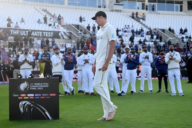 Kyle Jamieson of New Zealand collects his match of the match award after winning the ICC World Test Championship Final between India and New Zealand...