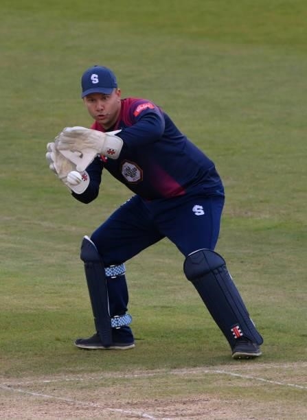 Northants wicketkeeper Adam Rossington in action during the Vitality T20 Blast Match between Durham Cricket and Northamptonshire Steelbacks at...