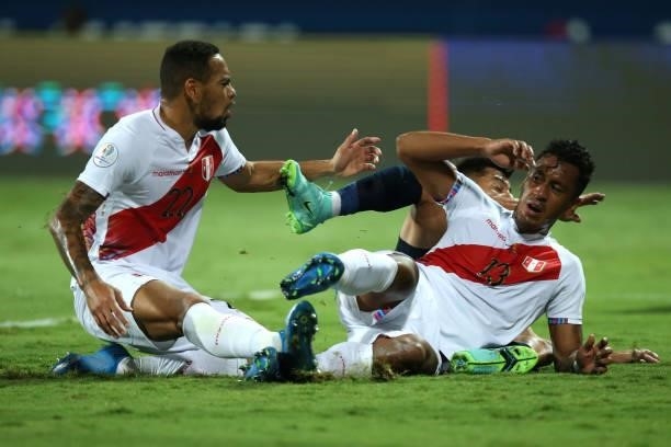Renato Tapia of Peru reacts after scoring an own goal, the first of Ecuador, during a Group B match between Ecuador and Peru as part of Copa America...