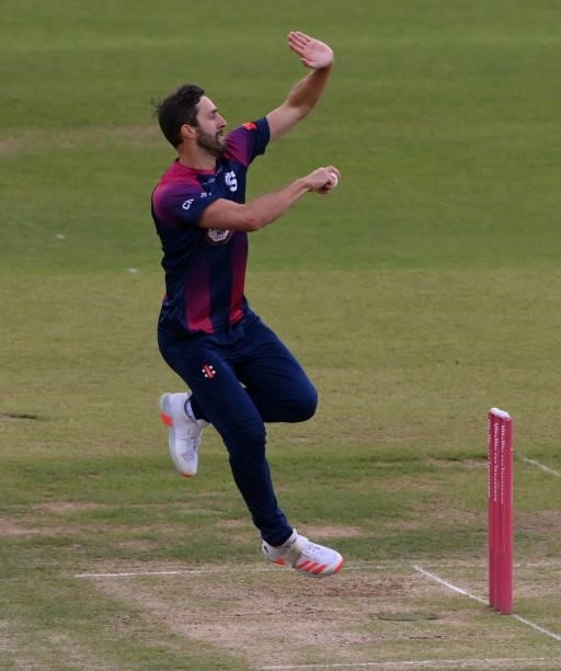 Northants bowler Ben Sanderson in action during the Vitality T20 Blast Match between Durham Cricket and Northamptonshire Steelbacks at Emirates...