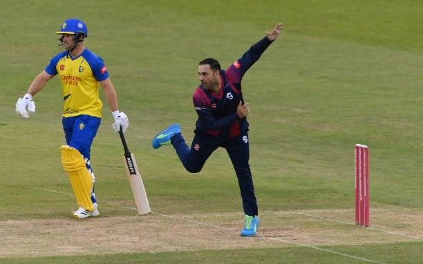 Northants bowler Saif Zaib in action during the Vitality T20 Blast Match between Durham Cricket and Northamptonshire Steelbacks at Emirates Riverside...