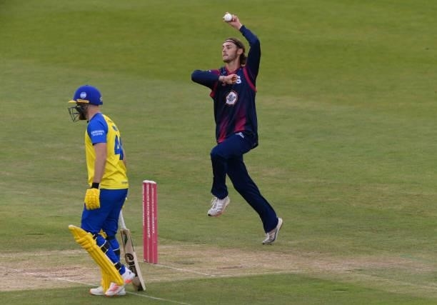 Northants bowler Freddie Heldreich in action during the Vitality T20 Blast Match between Durham Cricket and Northamptonshire Steelbacks at Emirates...