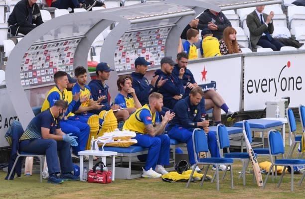 The Durham bench look on including Ben Stokes during the Vitality T20 Blast Match between Durham Cricket and Northamptonshire Steelbacks at Emirates...