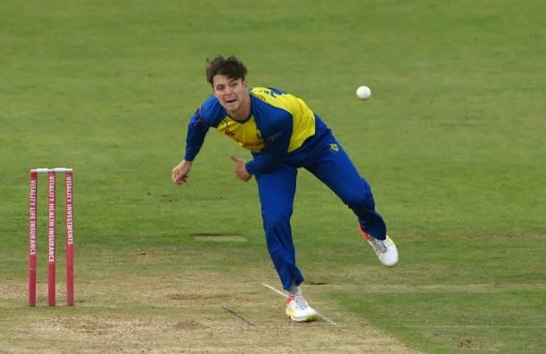 Durham bowler Liam Trevaskis in bowling action during the Vitality T20 Blast Match between Durham Cricket and Northamptonshire Steelbacks at Emirates...