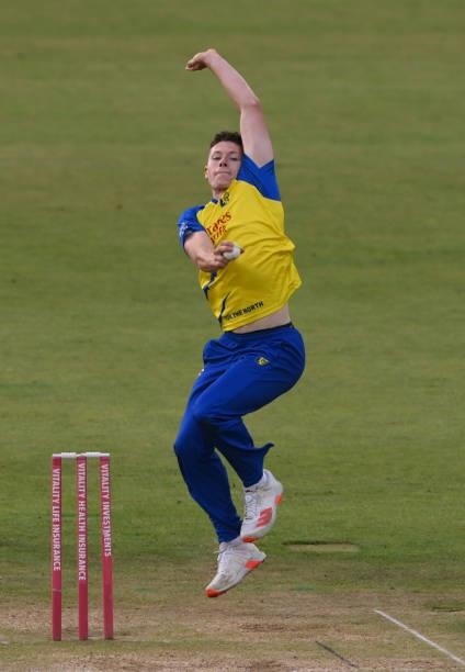 Durham bowler Matthew Potts in bowling action during the Vitality T20 Blast Match between Durham Cricket and Northamptonshire Steelbacks at Emirates...