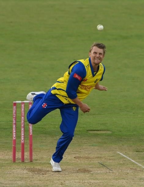 Durham bowler Scott Borthwick in bowling action during the Vitality T20 Blast Match between Durham Cricket and Northamptonshire Steelbacks at...