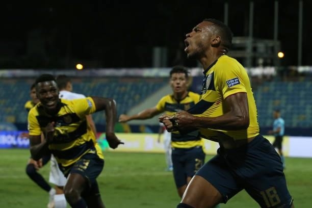 Ayrton Preciado of Ecuador celebrates after scoring the second goal of his team during a Group B match between Ecuador and Peru as part of Copa...