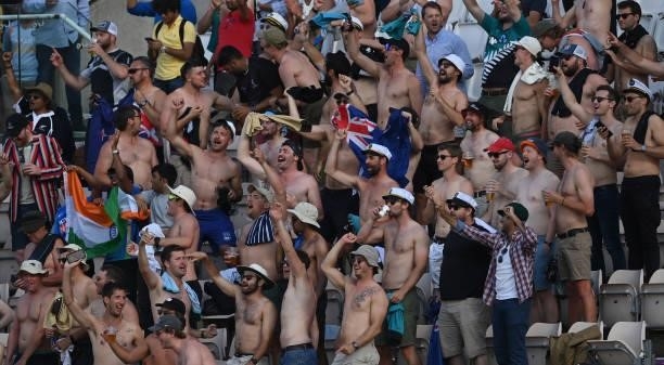 New Zealand supporters cheer during the ICC World Test Championship Final between India and New Zealand at The Hampshire Bowl on June 23, 2021 in...