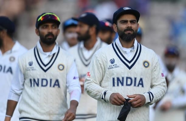 Virat Kohli leads his team from the field after the ICC World Test Championship Final between India and New Zealand at The Hampshire Bowl on June 23,...