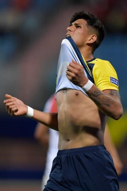 Piero Hincapie of Ecuador reacts during a Group B match between Ecuador and Peru as part of Copa America Brazil 2021 at Estadio Olimpico on June 23,...