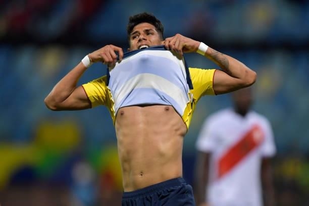 Piero Hincapie of Ecuador reacts during a Group B match between Ecuador and Peru as part of Copa America Brazil 2021 at Estadio Olimpico on June 23,...