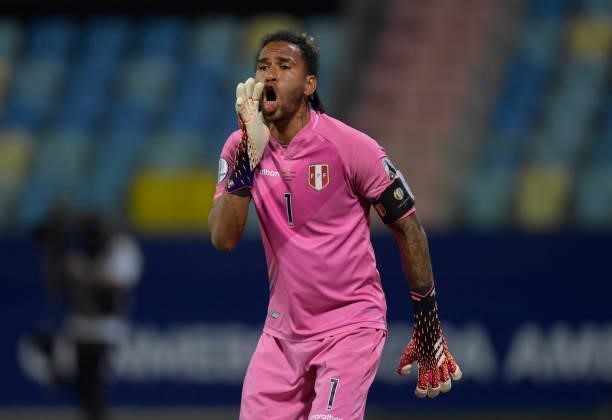 Pedro Gallese goalkeeper of Peru reacts during a Group B match between Ecuador and Peru as part of Copa America Brazil 2021 at Estadio Olimpico on...