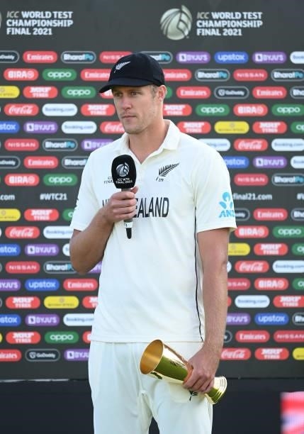 Kyle Jamieson of New Zealand is interviewed after the ICC World Test Championship Final against India at The Hampshire Bowl on June 23, 2021 in...