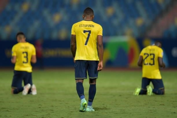 Pervis Estupiñan of Ecuador reacts after a Group B match between Ecuador and Peru as part of Copa America Brazil 2021 at Estadio Olimpico on June 23,...