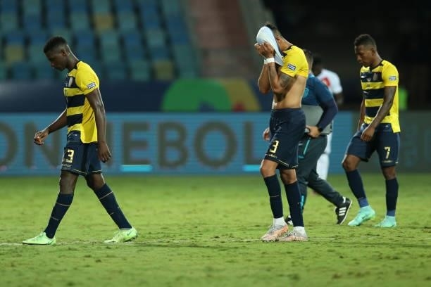Piero Hincapie of Ecuador reacts after a Group B match between Ecuador and Peru as part of Copa America Brazil 2021 at Estadio Olimpico on June 23,...
