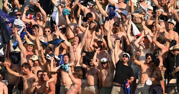 New Zealand supporters cheer after their team won the ICC World Test Championship Final between India and New Zealand at The Hampshire Bowl on June...