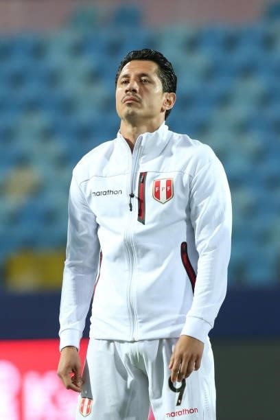 Gianluca Lapadula of Peru looks on prior to a Group B match between Ecuador and Peru as part of Copa America Brazil 2021 at Estadio Olimpico on June...
