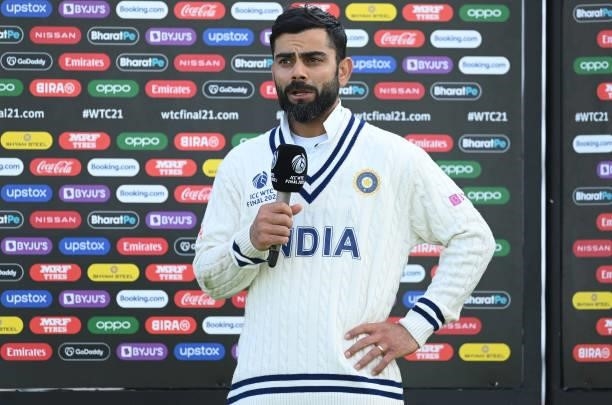 Virat Kohli of India is interviewed after New Zealand won the ICC World Test Championship Final against India at The Hampshire Bowl on June 23, 2021...
