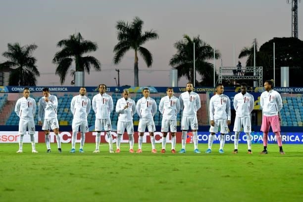 Players of Peru line up prior to a Group B match between Ecuador and Peru as part of Copa America Brazil 2021 at Estadio Olimpico on June 23, 2021 in...