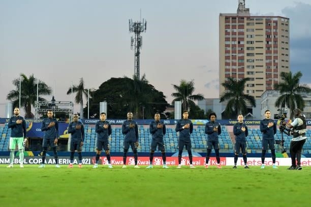 Players of Ecuador line up prior to a Group B match between Ecuador and Peru as part of Copa America Brazil 2021 at Estadio Olimpico on June 23, 2021...