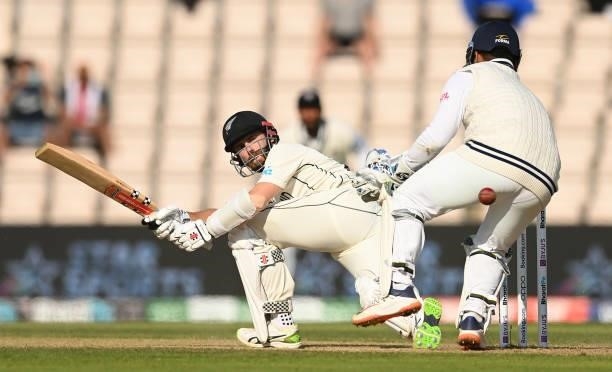 Kane Williamson of New Zealand hits a four past Rishabh Pant of India during the ICC World Test Championship Final between India and New Zealand at...