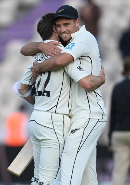 Tim Southee hugs Kane Williamson after the ICC World Test Championship Final against India at The Hampshire Bowl on June 23, 2021 in Southampton,...