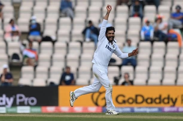 Ravindra Jadeja of India appeals during the ICC World Test Championship Final against India at The Hampshire Bowl on June 23, 2021 in Southampton,...