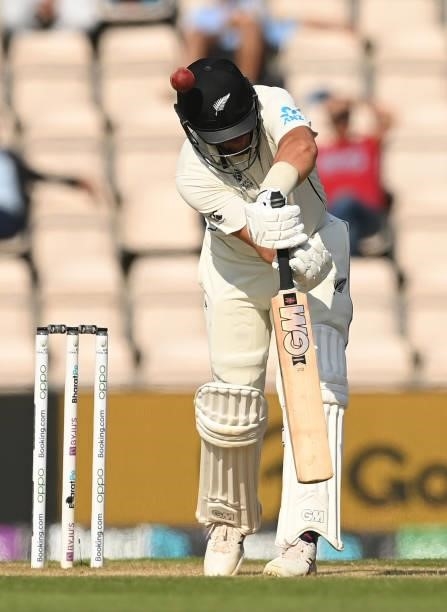 Ross Taylor of India is hit on the helmet during the ICC World Test Championship Final against India at The Hampshire Bowl on June 23, 2021 in...