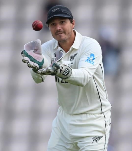 Watling of New Zealand catches the ball during the ICC World Test Championship Final against India at The Hampshire Bowl on June 23, 2021 in...