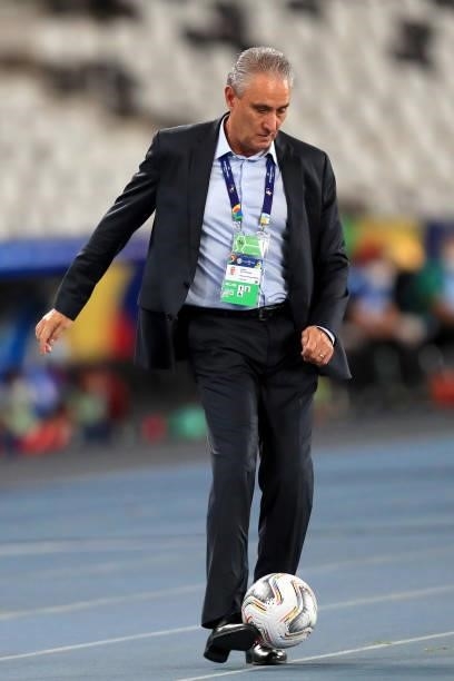 Tite head coach of Brazil kicks the ball in the sidelines during a Group B match between Brazil and Colombia as part of Copa America Brazil 2021 at...