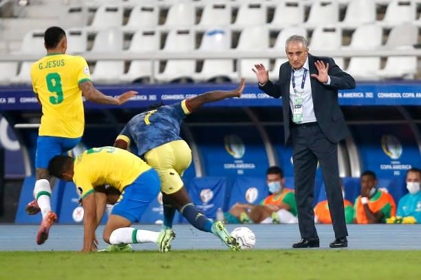 Tite head coach of Brazil reacts during a Group B match between Brazil and Colombia as part of Copa America Brazil 2021 at Estadio Olímpico Nilton...