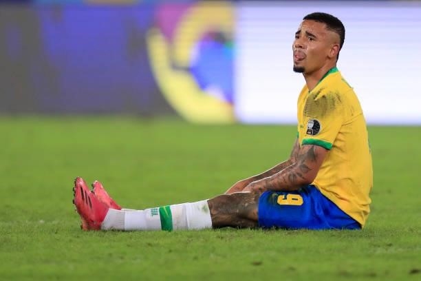 Gabriel Jesus of Brazil reacts during a Group B match between Brazil and Colombia as part of Copa America Brazil 2021 at Estadio Olímpico Nilton...