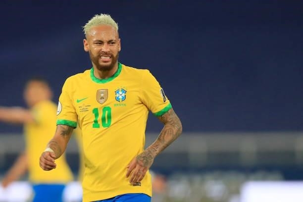Neymar Jr. Of Brazil reacts during a Group B match between Brazil and Colombia as part of Copa America Brazil 2021 at Estadio Olímpico Nilton Santos...