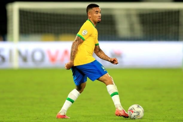 Gabriel Jesus of Brazil controls the ball during a Group B match between Brazil and Colombia as part of Copa America Brazil 2021 at Estadio Olímpico...