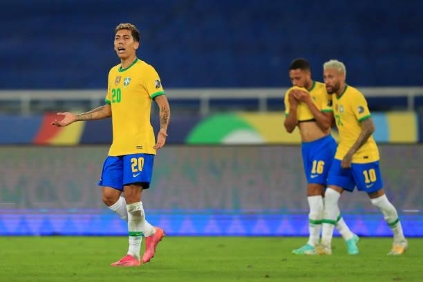 Roberto Firmino of Brazil reacts after scoring the first goal of his team during a Group B match between Brazil and Colombia as part of Copa America...