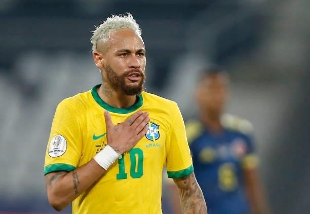 Neymar Jr. Of Brazil reacts during a Group B match between Brazil and Colombia as part of Copa America Brazil 2021 at Estadio Olímpico Nilton Santos...
