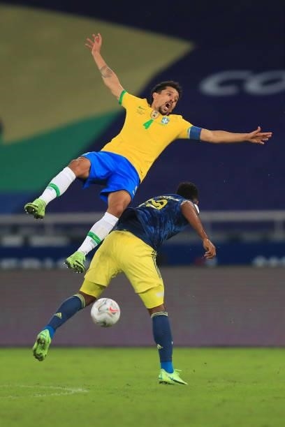 Marquinhos of Brazil fights for the ball with Miguel Borja of Colombia during a Group B match between Brazil and Colombia as part of Copa America...