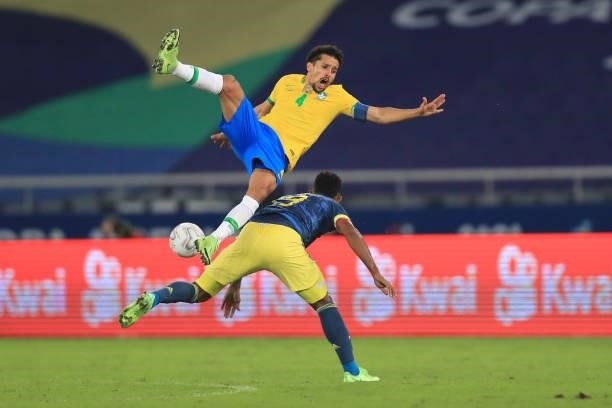 Marquinhos of Brazil fights for the ball with Miguel Borja of Colombia during a Group B match between Brazil and Colombia as part of Copa America...