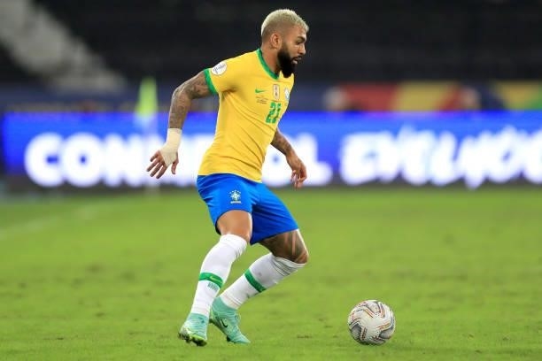 Gabriel Barbosa of Brazil controls the ball during a Group B match between Brazil and Colombia as part of Copa America Brazil 2021 at Estadio...