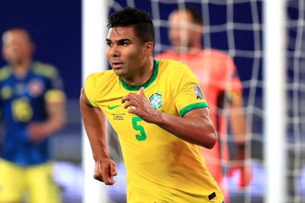 Casemiro of Brazil celebrates after scoring the second goal of his team during a Group B match between Brazil and Colombia as part of Copa America...